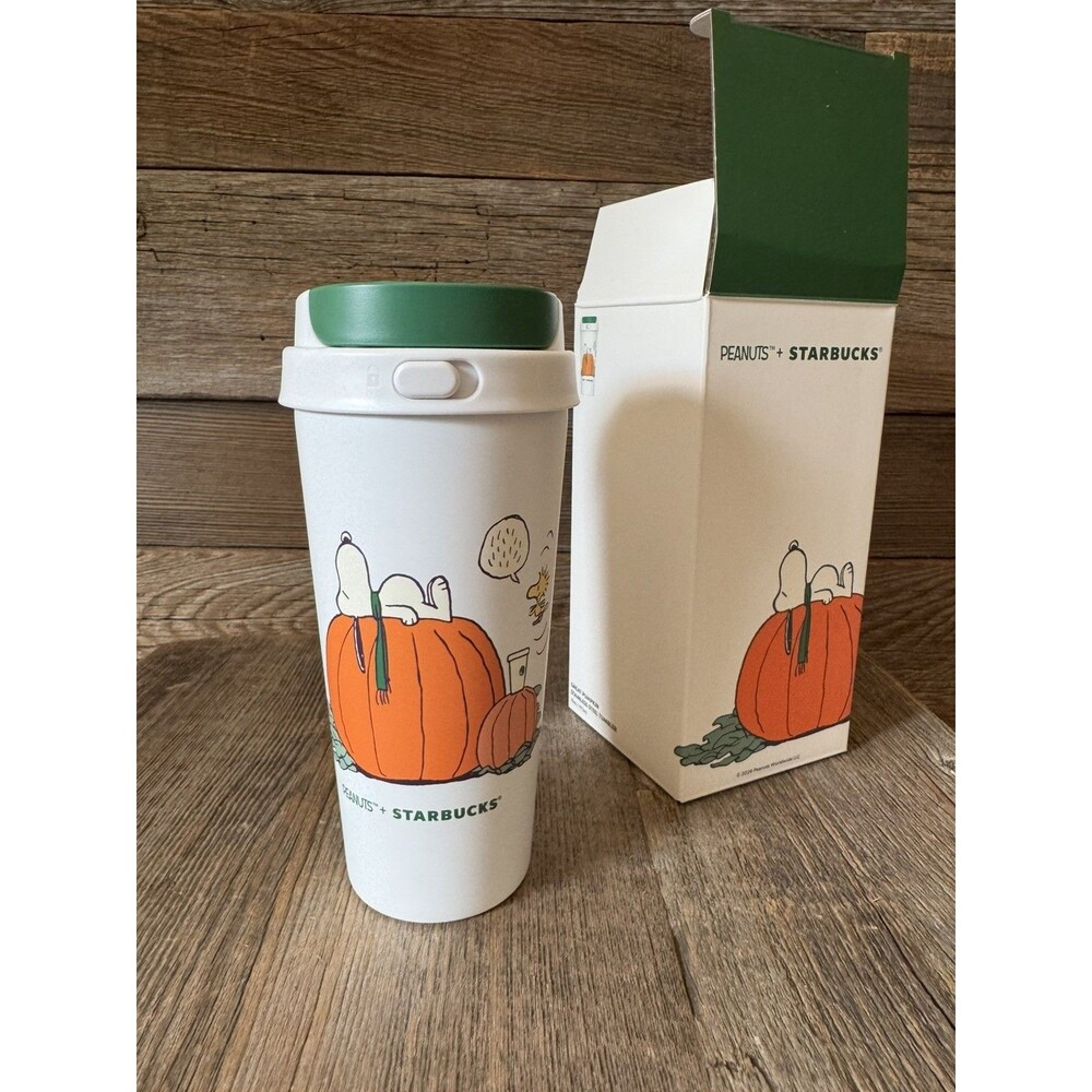 Starbucks Peanuts 16 oz Snoopy Pumpkin Travel Tumbler Push Button Lid